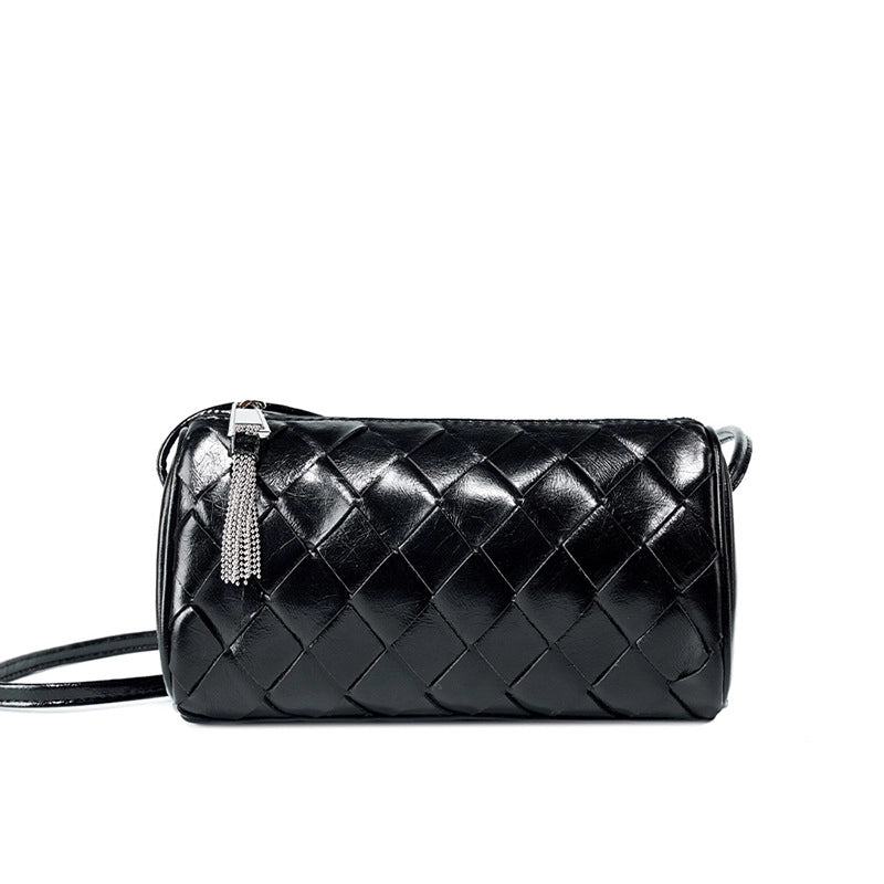 Borsa a tracolla piccola e alla moda da donna in vera pelle, modello hobo, colore nero.