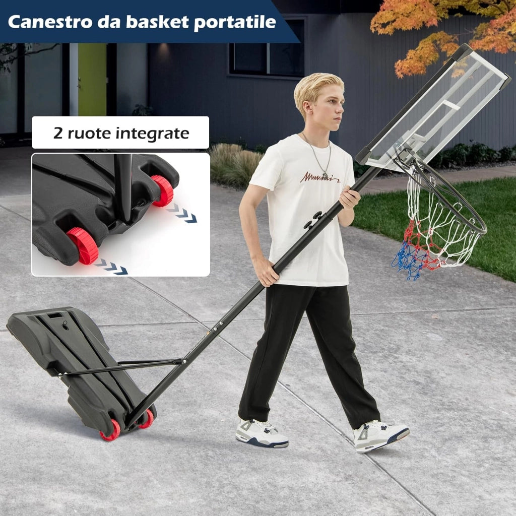 Canestro da Basket Portatile e Regolabile in Altezza 223-253 cm, Canestro da Basket da Esterno ed Interno con Tabellone Antisfondamento, Base Riempibile e Ruote