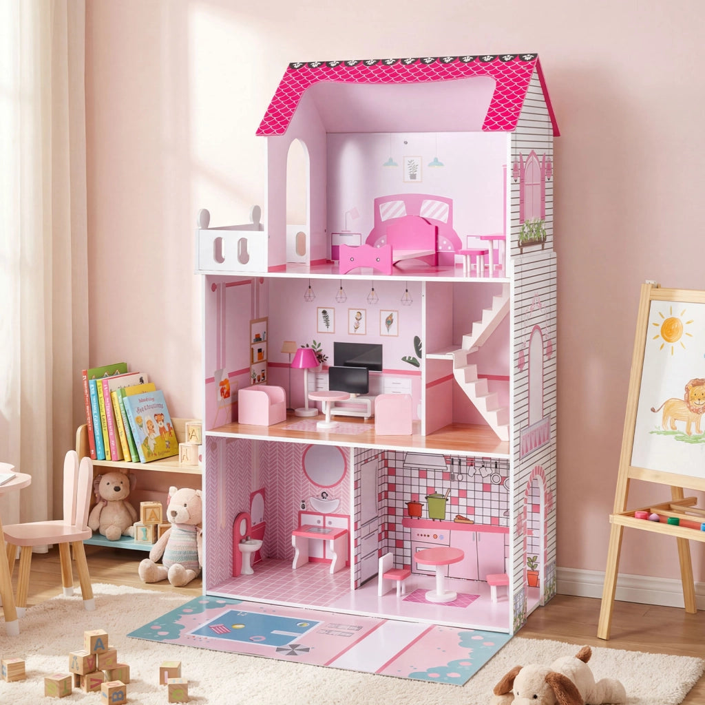 Casa bambole legno 17 pezzi mobili accessori scala racconti immaginativi, Casa bambole villa principessa bambini Rosa