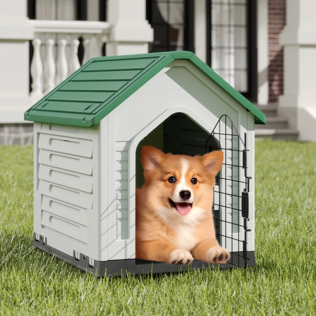 Rifugio per animali domestici da interno ed esterno con porta, Casa per cani in plastica in metallo bloccabile Verde