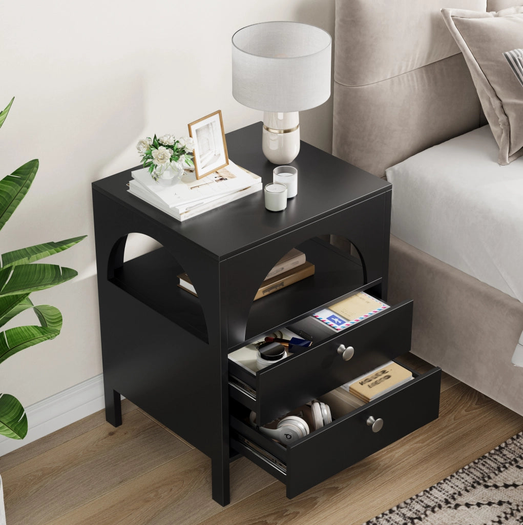 Comodino ULEVR nero in MDF con 2 cassetti e vano aperto, mobile contenitore per camera da letto