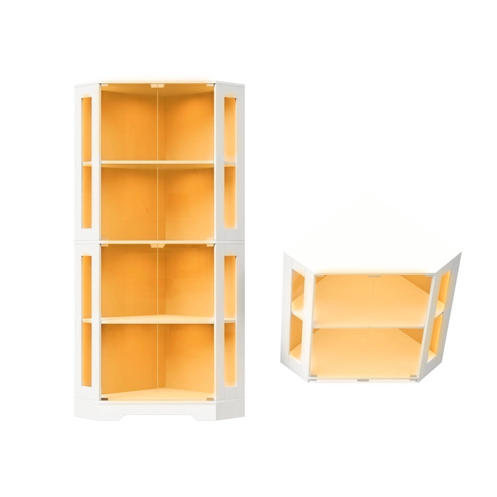Credenza alta in MDF e vetro con LED RGB, 40x40x165 cm, vetrina con 4 ante e ripiani regolabili