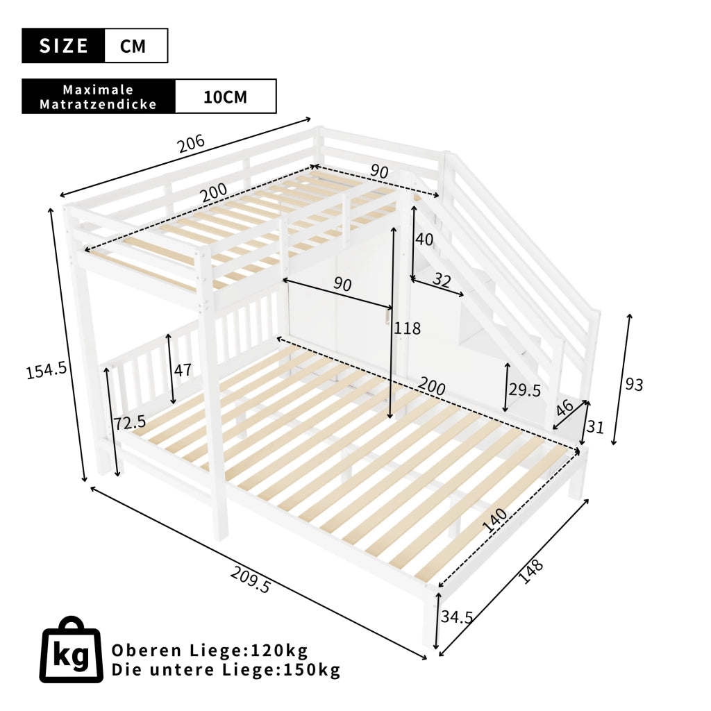 Letto a Castello 140x200 cm e 90x200 cm con guardaroba; scala contenitore e sponde