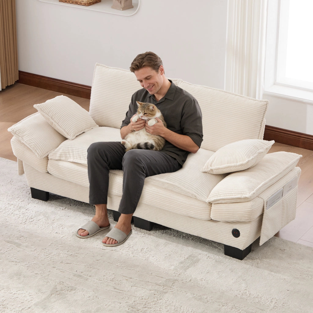 Sofa a due posti con seduta ampia, design ergonomico, USB-C e tasche laterali in corduroy beige 190 × 73 × 84 cm