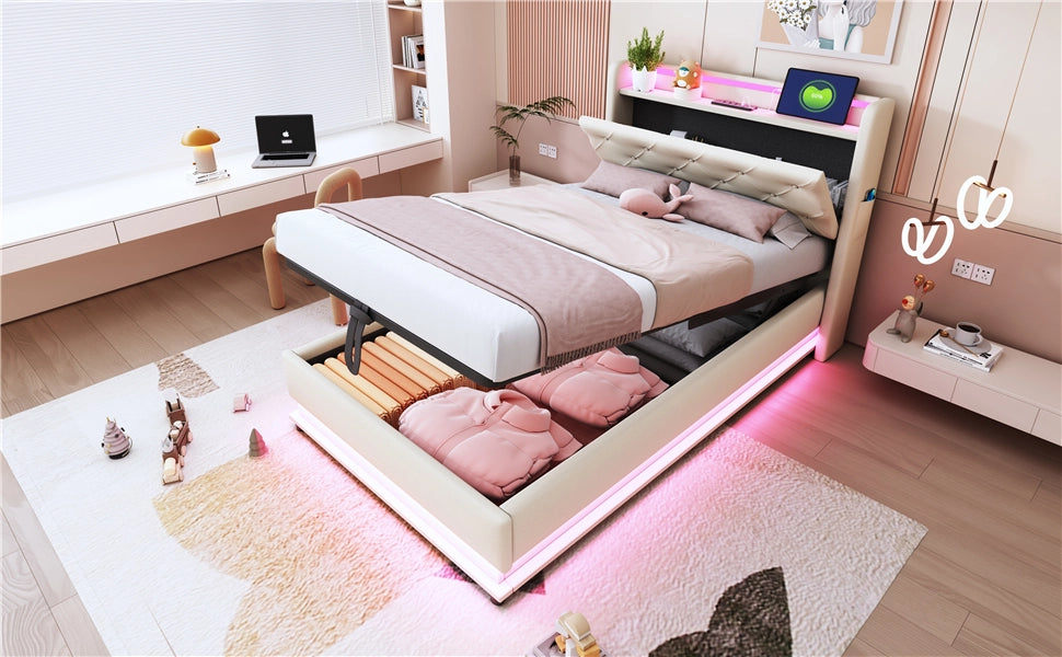 DESMIU Letto bambino 90 × 200 cm 1 piazza con contenitore, LED regolabili, USB e Type-C, senza materasso, lino beige