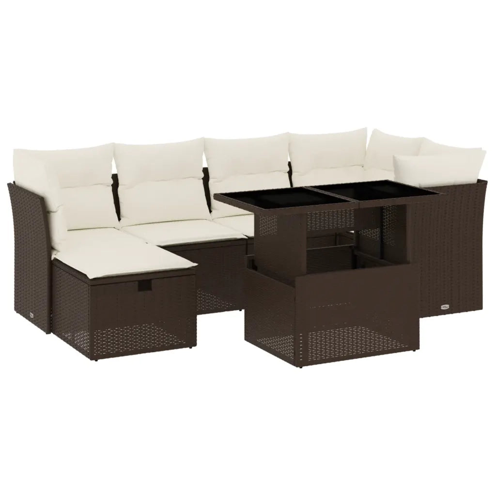 Set Divani da Giardino 7 pz con Cuscini Marrone in Polyrattan