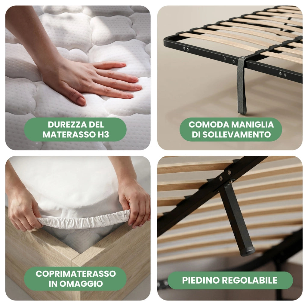 Letto con contenitore 100x200 cm rete sollevabile in metallo e materasso a molle Rovere Sonoma