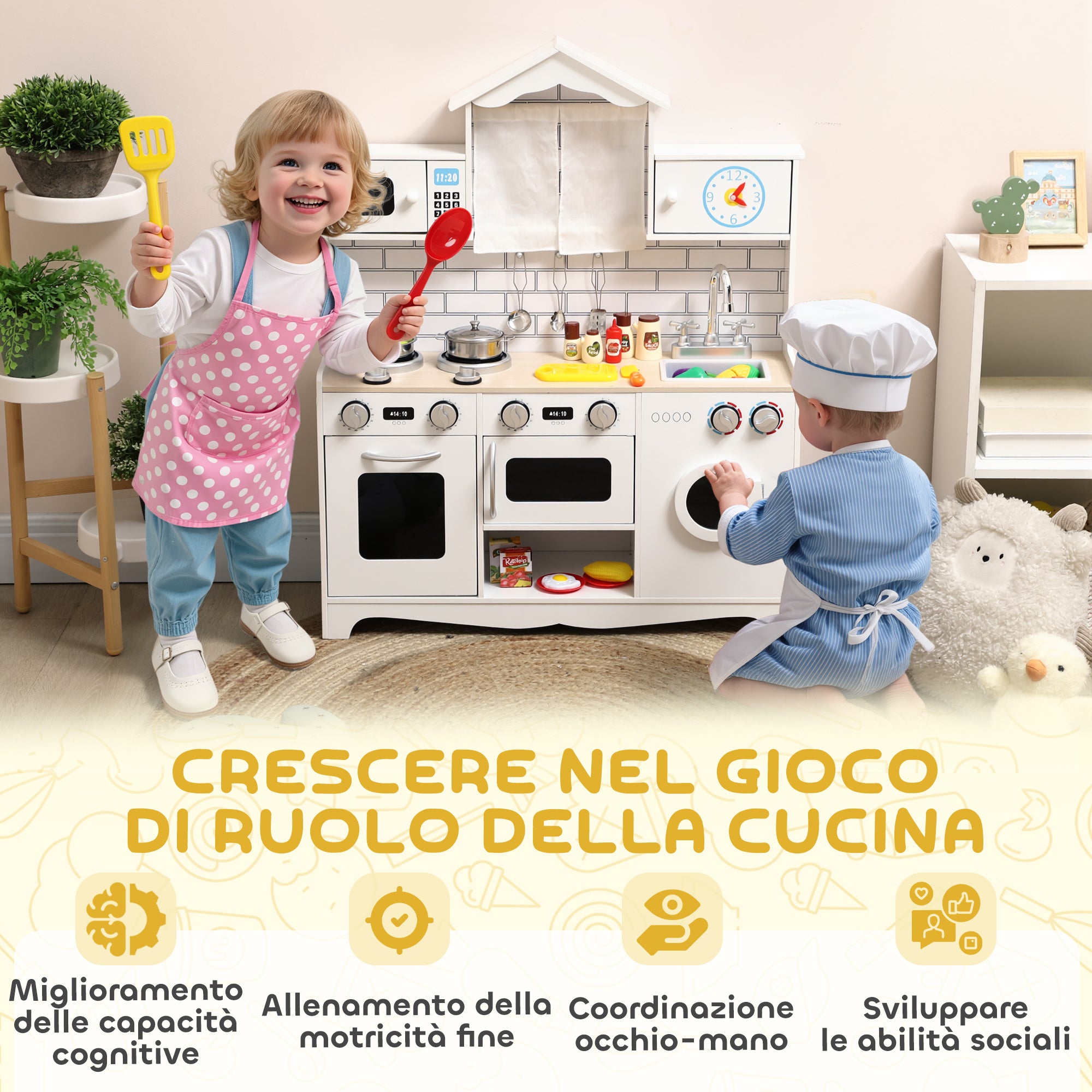 Cucina Giocattolo per Bambini 3-6 Anni con Set di Accessori Lavandino e Manopole con Suoni in Legno Bianco