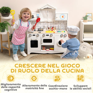 Cucina Giocattolo per Bambini 3-6 Anni con Set di Accessori Lavandino e Manopole con Suoni in Legno Bianco