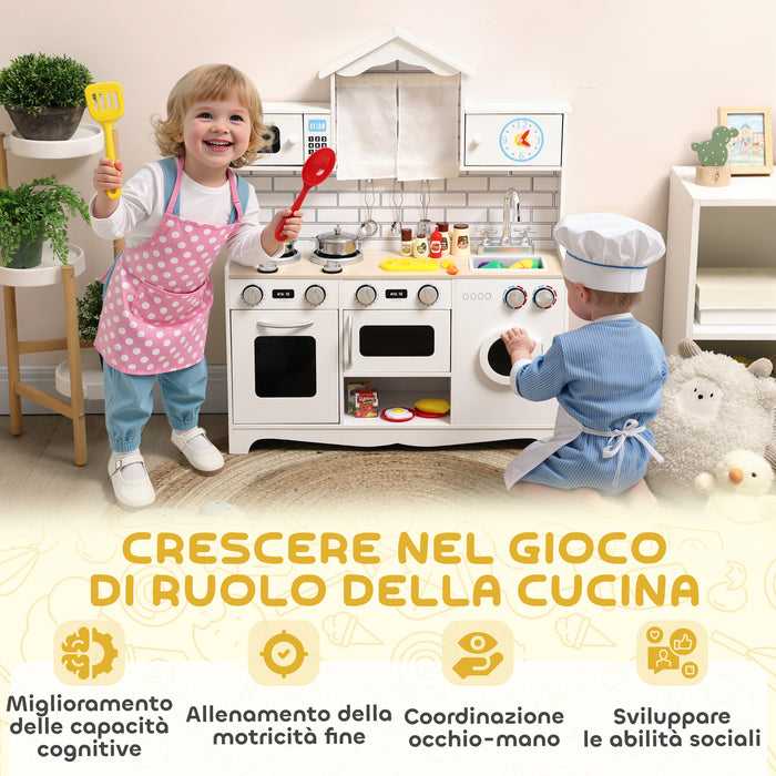 Cucina Giocattolo per Bambini 3-6 Anni con Set di Accessori Lavandino e Manopole con Suoni in Legno Bianco