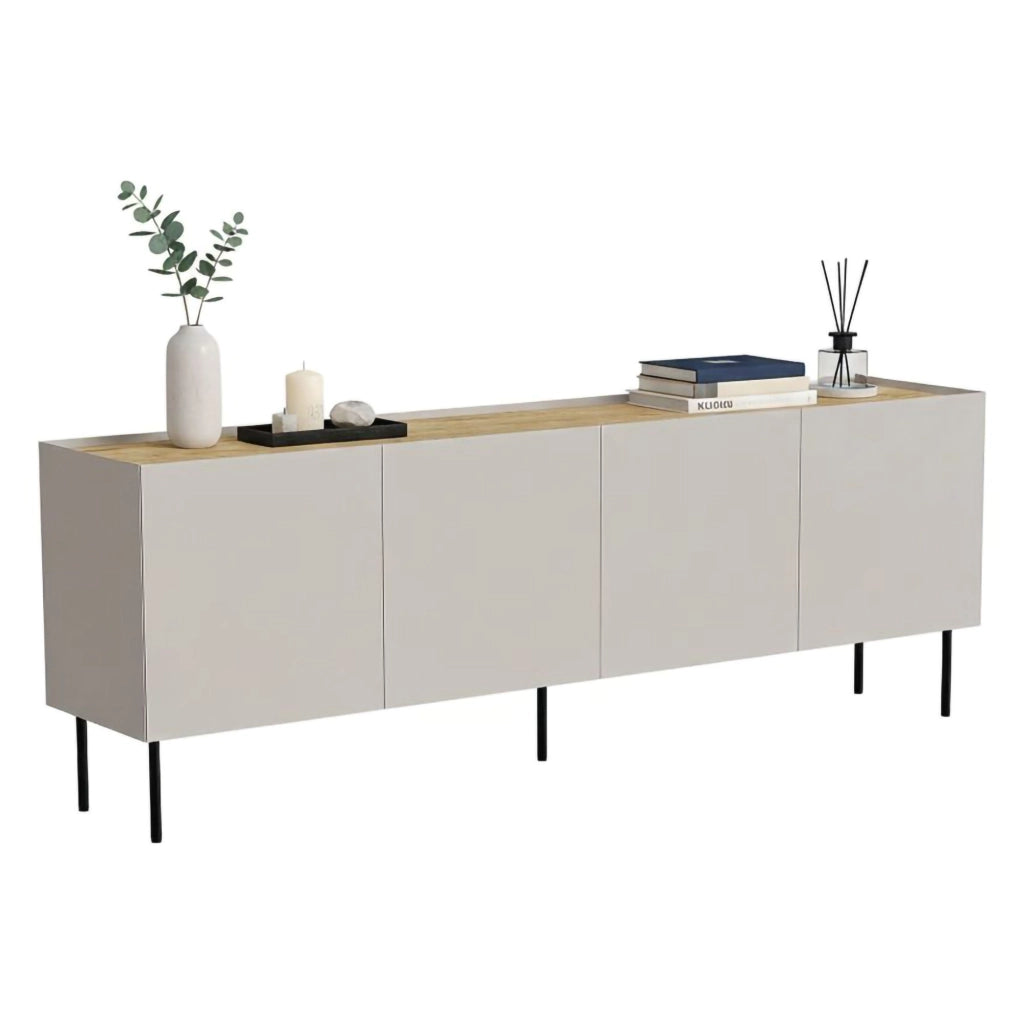 Credenza Sagrado, Madia da salotto con quattro ante battenti e vani interni, Rialzata da terra, 200x40 h70 cm, Beige e Rovere