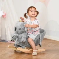 Cavallo a Dondolo Koala in Peluche Imbottita con Suoni, Cintura di sicurezza e Base in Legno, 60x33x50cm, Grigio