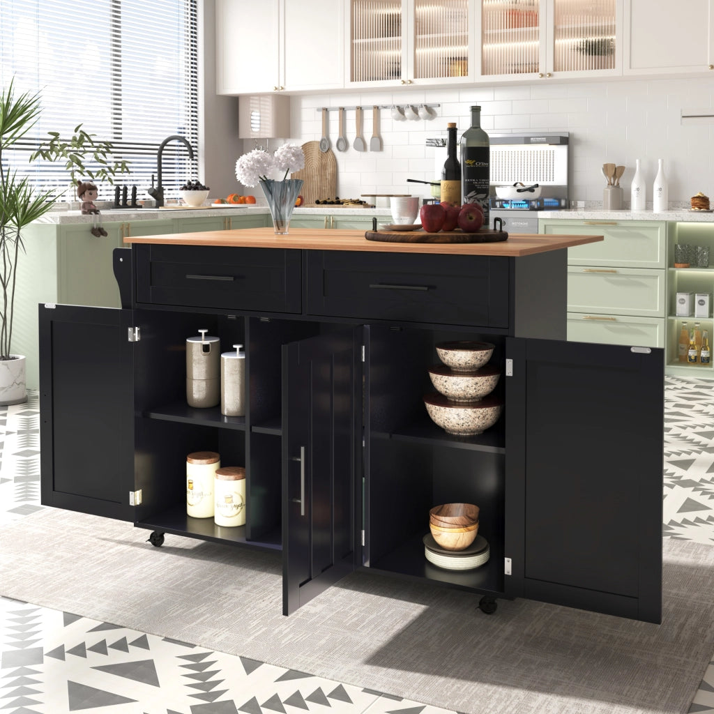 Carrello da cucina con 2 cassetti; 3 ante; piano ribaltabile; portaasciugamani e 5 ruote; in MDF; 129x46x91;5 cm