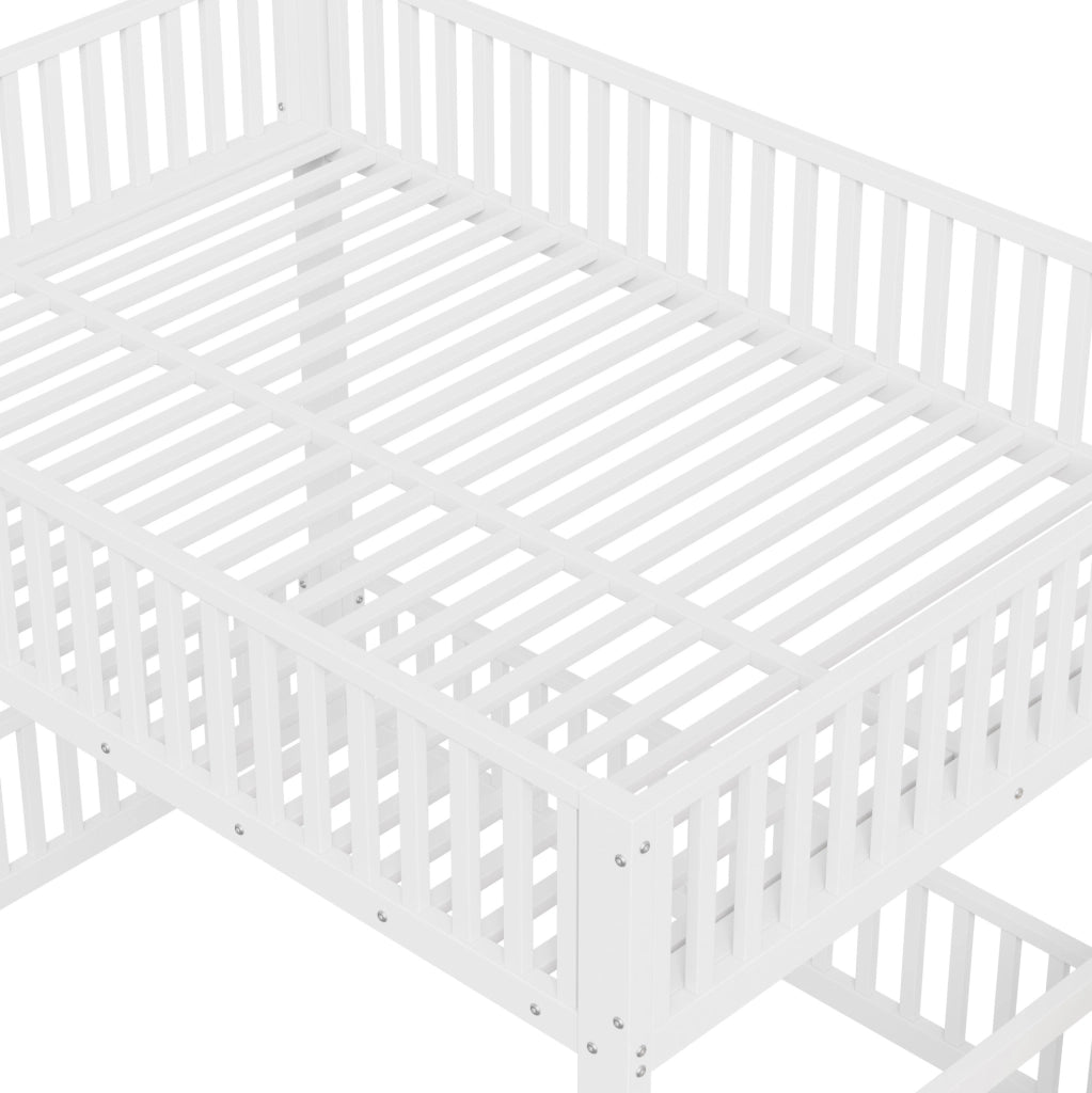 Letto a castello 140x200 cm con scala contenitore e LED; bianco; in MDF e metallo