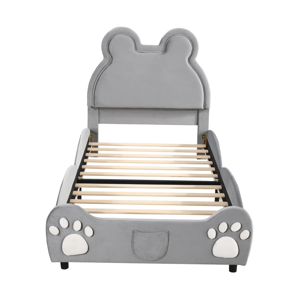 Letto imbottito a forma di orso 90x200 cm in velluto grigio per cameretta