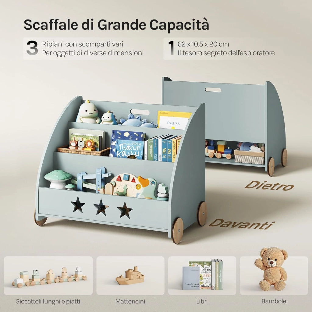 Libreria Piccola in Legno per Bambini, Scaffale Porta Giochi con Contenitore e Ruote, Organizzatore per Cameretta, Grigio 62x42x57cm