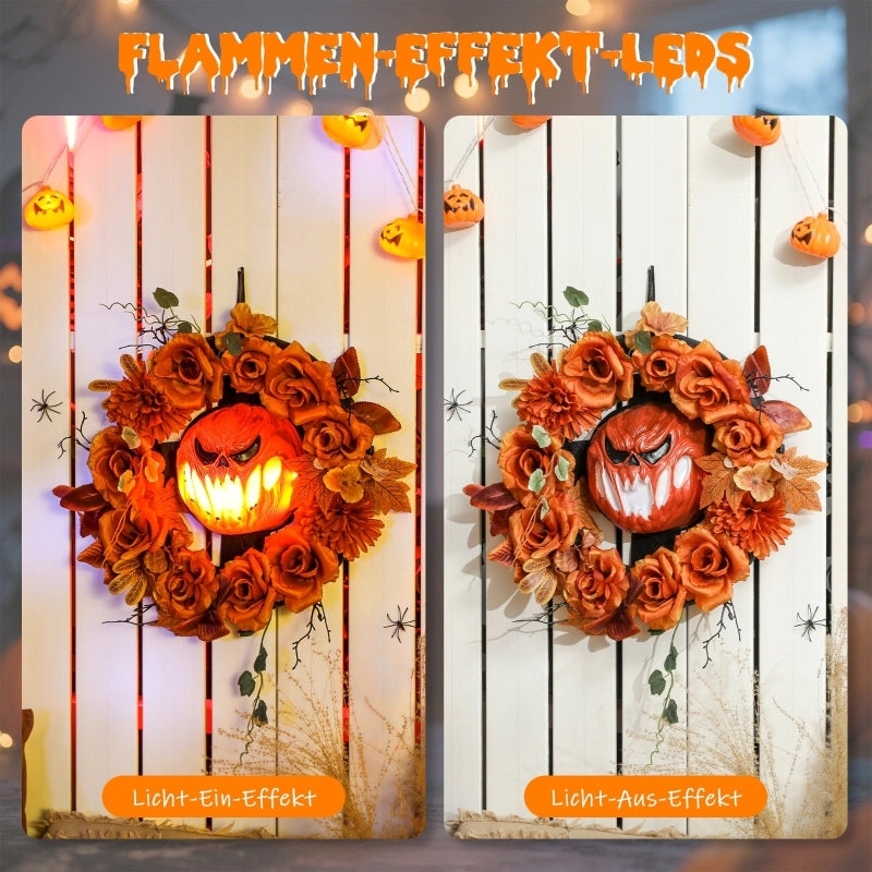 Ghirlanda di Halloween, design spettrale con zucche, foglie autunnali, effetti di luce, plastica