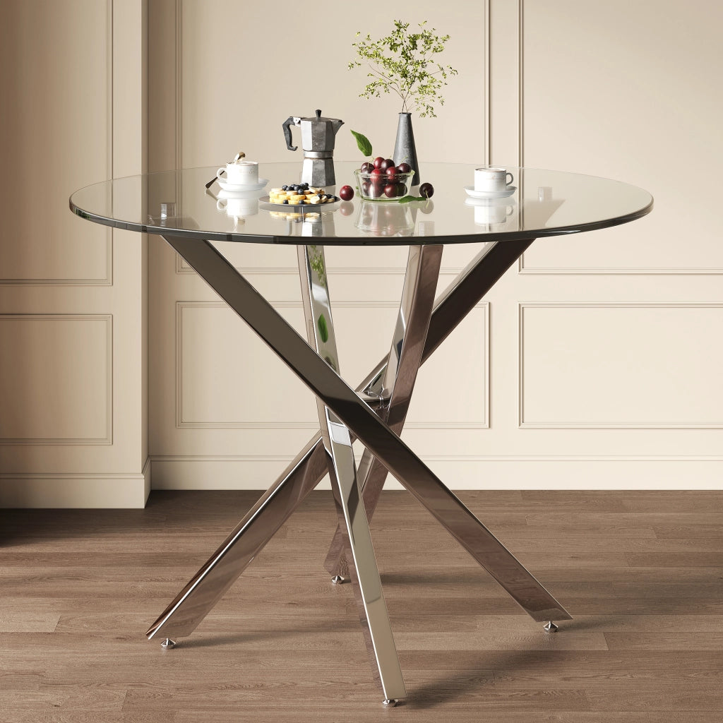 Tavolo rotondo moderno 80x80 cm in vetro temperato e metallo, colore argento