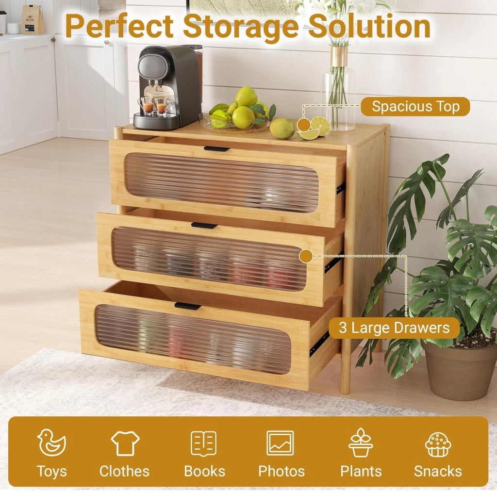 Cassettiera in bambù a 3 cassetti, comodino a 3 livelli con kit antiribaltamento e decorazione in vetro temperato, mobile portaoggetti in legno per camera da letto e soggiorno, naturale