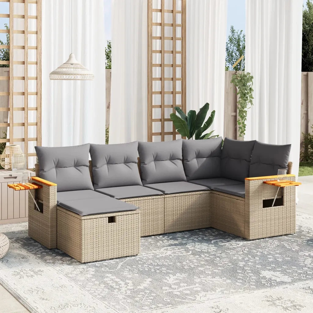 Set Divano da Giardino 6 pz con Cuscini Beige Misto Polyrattan