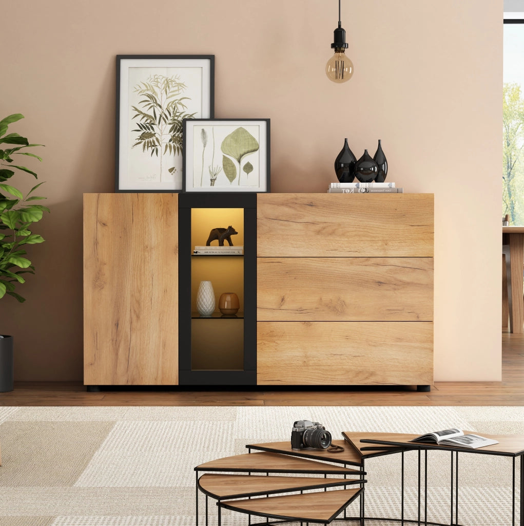 Credenza 140x40x80 cm in truciolato marrone e nero， LED APP， 2 colli