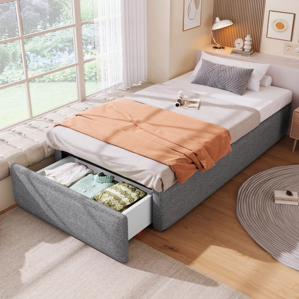 Letto imbottito 90x200 cm con contenitore idraulico e cassetto; grigio