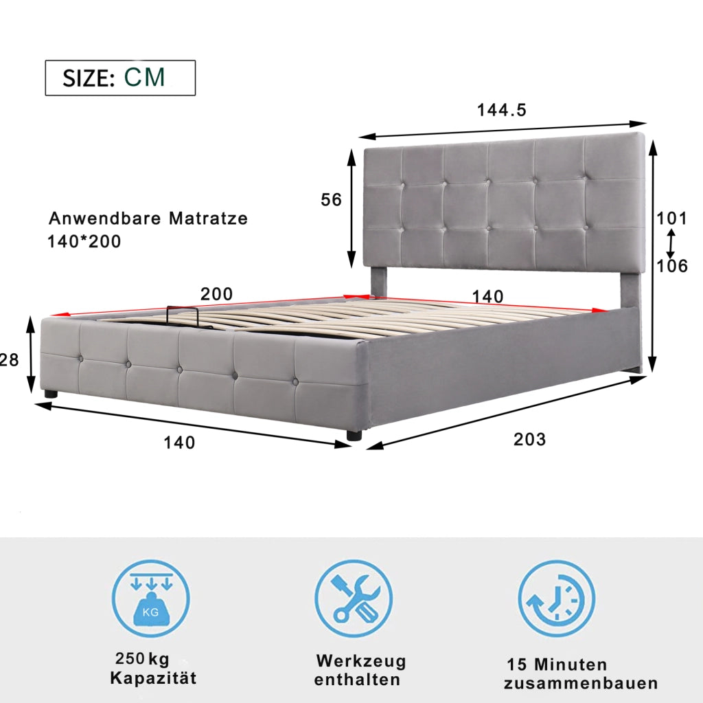 Letto imbottito 140x200 con contenitore idraulico e testiera regolabile