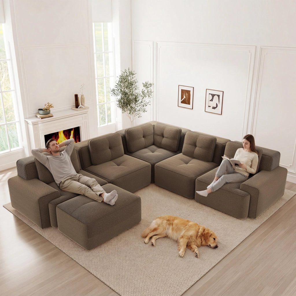 Divano angolare modulare senza struttura con seduta profonda e tessuto in velluto a coste marrone 295 × 295 × 69 cm