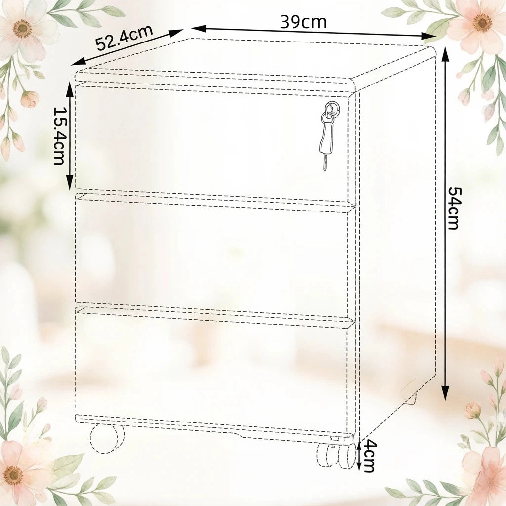 Cassettiera con ruote con 3 cassetti, serratura centrale e 4 rotelle, per ufficio e studio, bianco, 52,4 × 54 × 39 cm