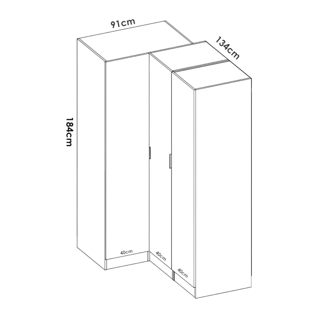 Guardaroba Australia, Mobile angolare per camera da letto, Armadio appendiabiti ad angolo a 3 ante battenti, 133x91h184 cm, Bianco