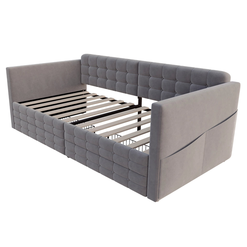 Letto imbottito singolo 90×190 cm con 2 tasche laterali e 2 cassetti; senza materasso; grigio