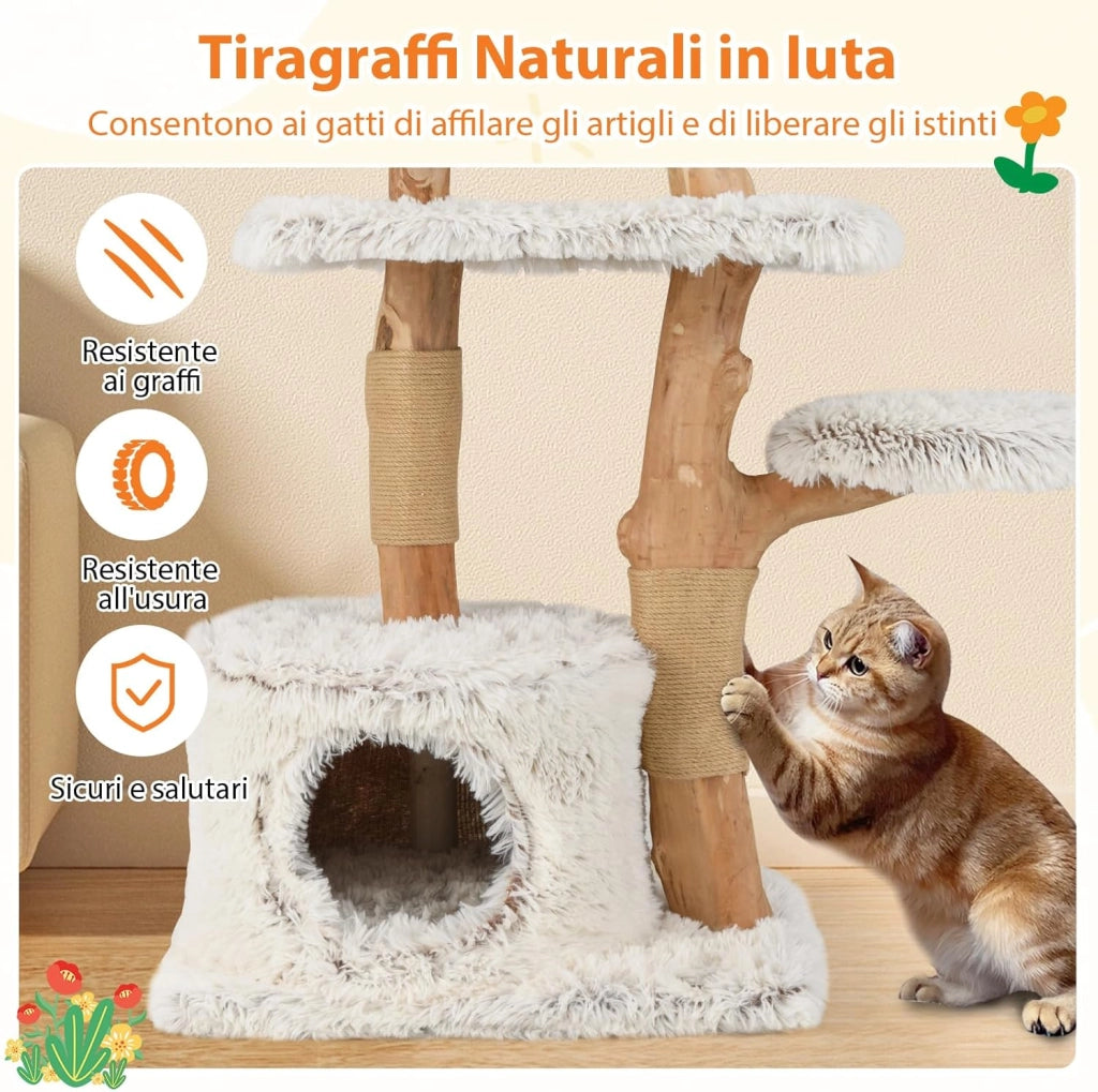 Tiragraffi per Gatto Alto 135 cm, Albero Tiragraffi in Legno di Pero Naturale con Grotta e 6 Piani, Torre per Gatti Imbottito in Peluche con Corde Juta e Pompon, Bianco