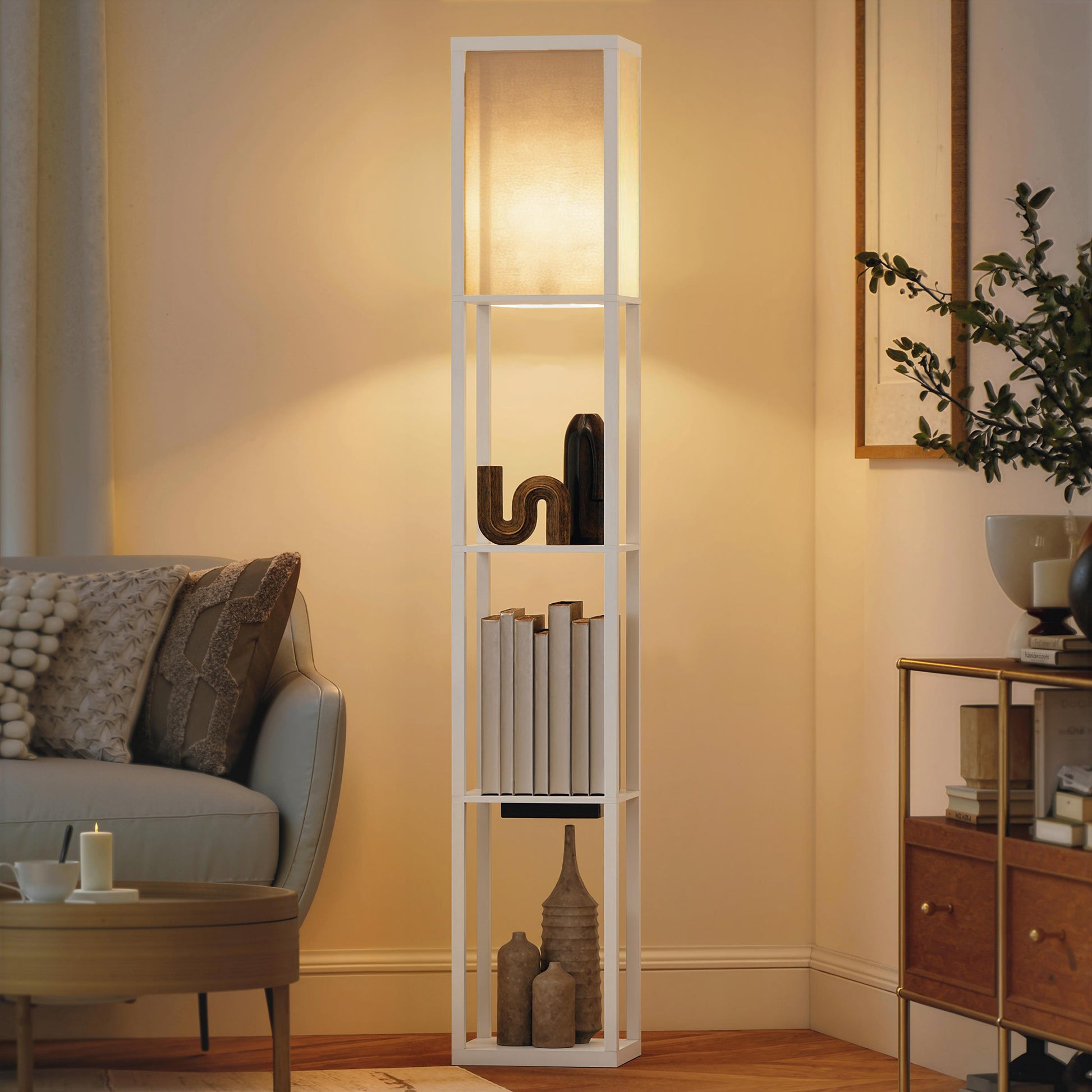 Lampada da Terra 26x26x160 cm Struttura con Ripiani Luce Regolabile Interruttore a Pedale e Porte USB in MDF Bianco