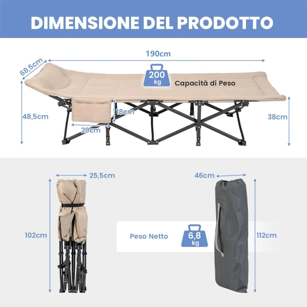 Lettino da campeggio pieghevole con borsa cuscino comodo e poggiatesta, Letto da viaggio portatile Marrone-Letti e sacchi a pelo