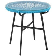 Tavolino Basso Rotondo da Giardino in Resina Effetto Rattan, Metallo e Piano in Vetro Temperato, Ø 50 x 50H cm, Blu