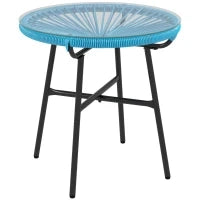 Tavolino Basso Rotondo da Giardino in Resina Effetto Rattan, Metallo e Piano in Vetro Temperato, Ø 50 x 50H cm, Blu