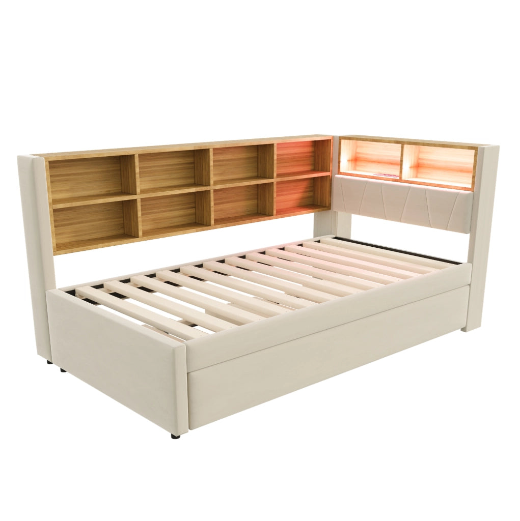 Divano letto multifunzione 90x200 cm con letto estraibile 90x190 cm; LED; beige