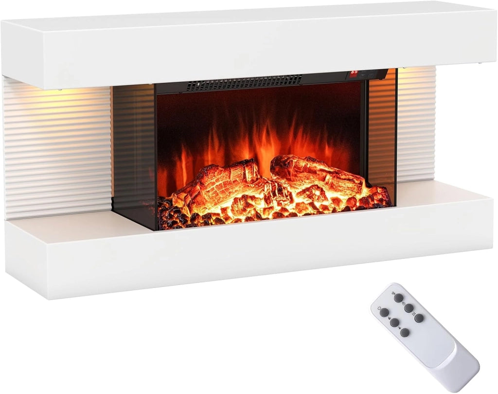 Camino Elettrico, 750W/1500W Caminetto con Luci LED, Telecomando, 12 Colori di Fiamma, Timer 8H Mensola Galleggiante e Protezione Surriscaldamento