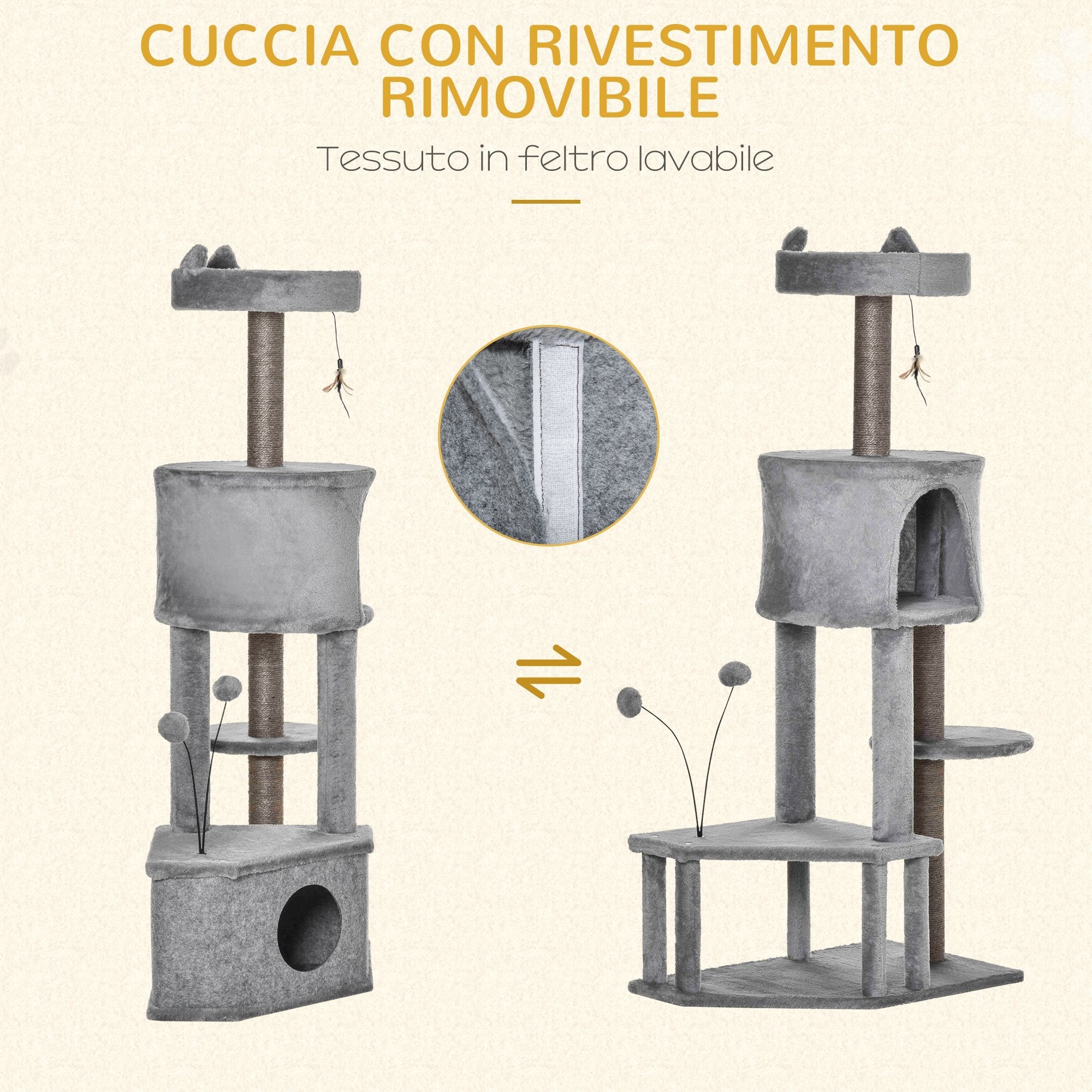Albero Tiragraffi per Gatti 60x40x133 cm in Sisal e Peluche Grigio