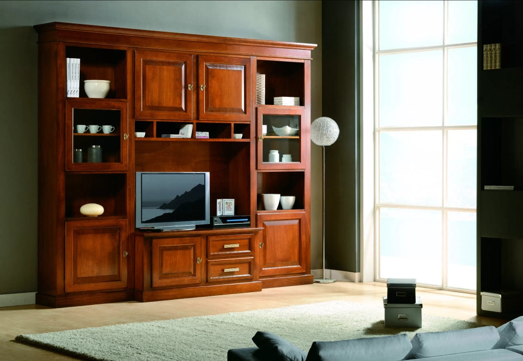 Parete attrezzata porta tv in legno tinta noce l.280 p.50 h.230 - Mobili 2G
