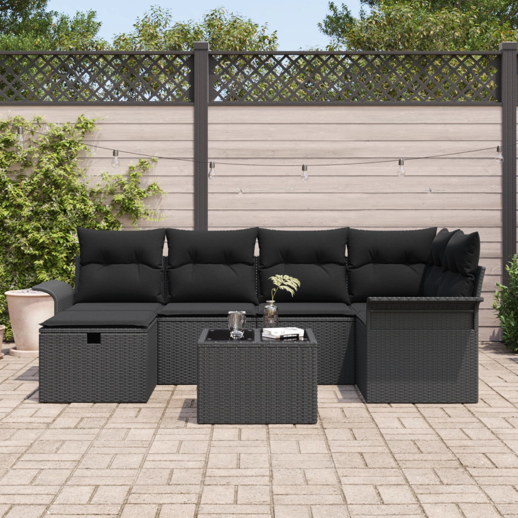 Set di Divani da Giardino da 7 Pezzi con Cuscini Nero Polyrattan