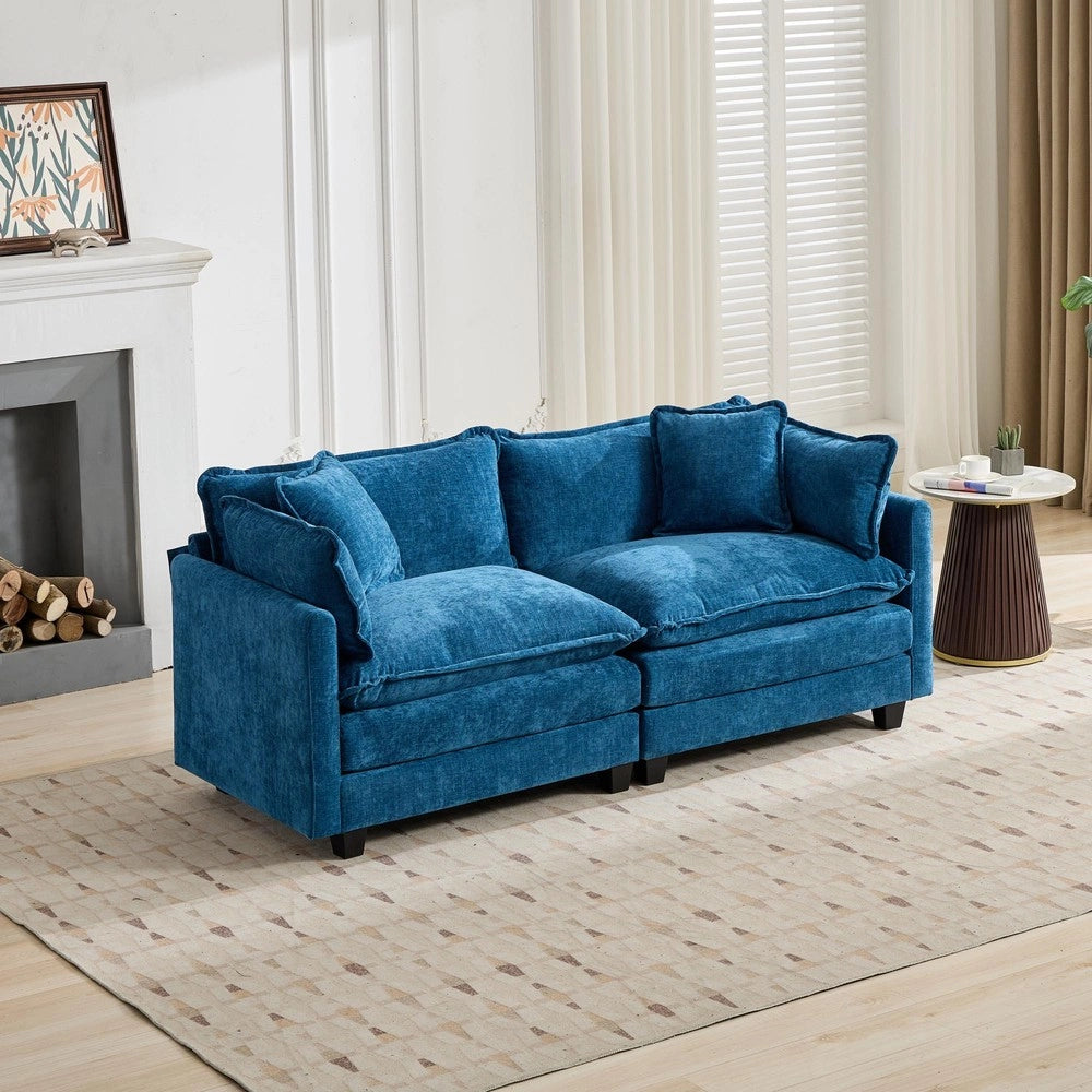 Divano 2 posti velluto blu imbottito ¨C Minimal ¨C tessuto chenille cuscini 160x90x85