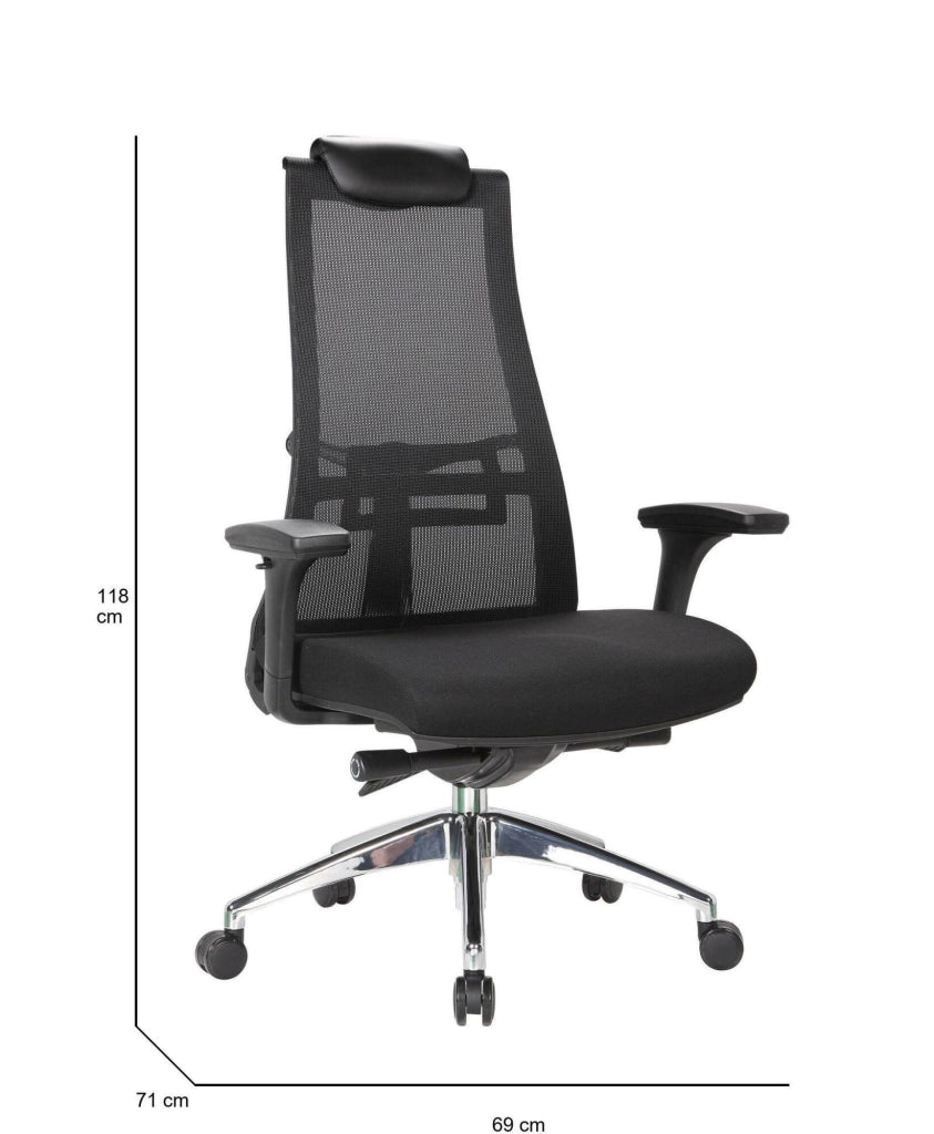 Sedia da ufficio Bascape, Poltrona direzionale a rete con braccioli, Seduta ergonomica da ufficio, 71x69h110/118 cm, Nero