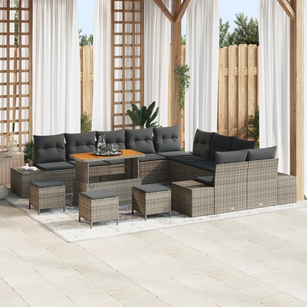 Set Divano da Giardino  14 Pezzi con Cuscini Grigio Polyrattan Acacia