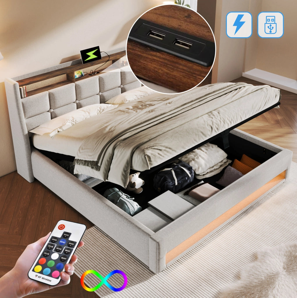 Letto matrimoniale imbottito 180x200 cm con LED e USB; stile vintage; lino beige