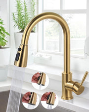 Kraan da bagno con maniglia 360° girevole da cucina in acciaio inossidabile con cartuccia ceramica impermeabile 3 tipi di scarico in oro