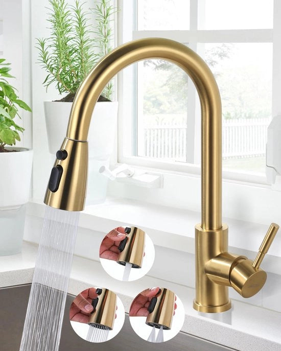 Kraan da bagno con maniglia 360° girevole da cucina in acciaio inossidabile con cartuccia ceramica impermeabile 3 tipi di scarico in oro