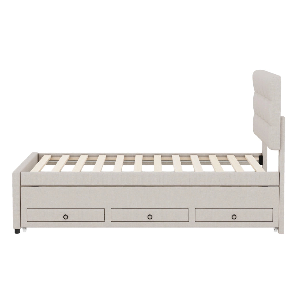 Letto imbottito con letto estraibile e 3 cassetti, beige, 90x200 cm