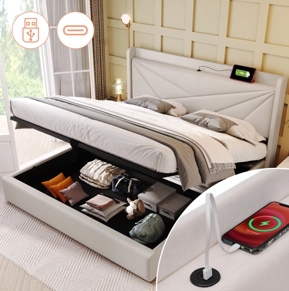 Letto matrimoniale contenitore 160x200 cm in cotone e lino beige con USB e Tipo C