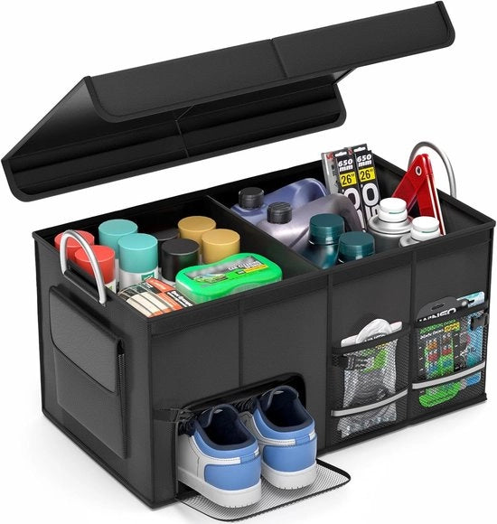 Organizzatore del bagagliaio auto 50L con coperchio - Ripiegabile, grande contenitore e 4 tasche, maniglie - Organizzatore per Golf e spesa per SUV, Jeep, Sedan, furgoni di consegna